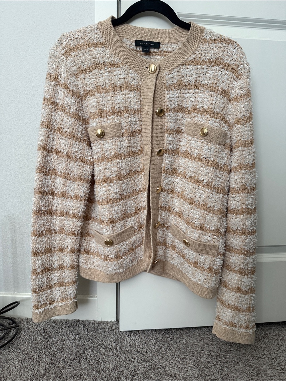 Ann Taylor Beige & Cream Striped Bouclé Cardigan Blazer